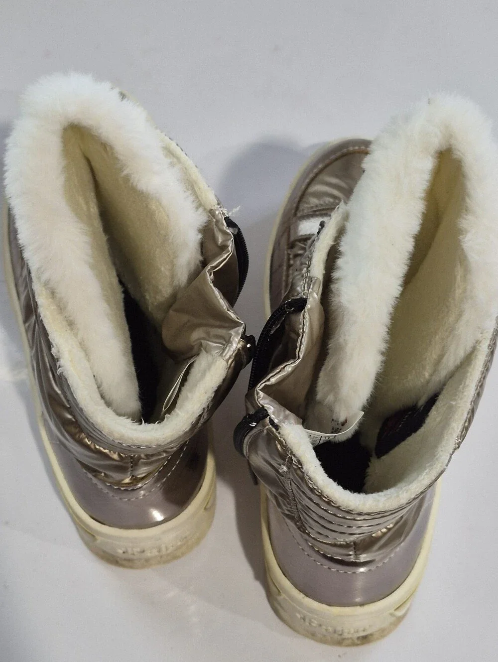 Metallic Taupe Girl's Winter Ankle Boots with Faux Fur Size 2.5